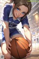 A girl in a blue and white uniform holding a basketball.