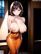 Anime girl with big tits posing in a room.